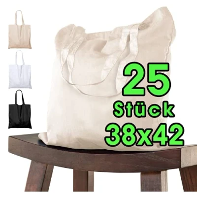 Afbeelding van katoenen opvangzak 38x42 25 stuks natuur voor kinderen met KORT handvat Unbedded OEKO TEX® gecertificeerd stoffen tas, draagtas, 140 g / m dikke boodschappentas
