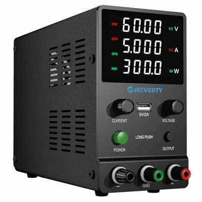 Afbeelding van Variabele DC voeding, 0 60 V 5 A, verstelbare bankvoeding met encoderknop, uitgangscontrole, zeer nauwkeurig 4 cijfers LED display, V/2 A USB poort, Jesverty SPS 6005H