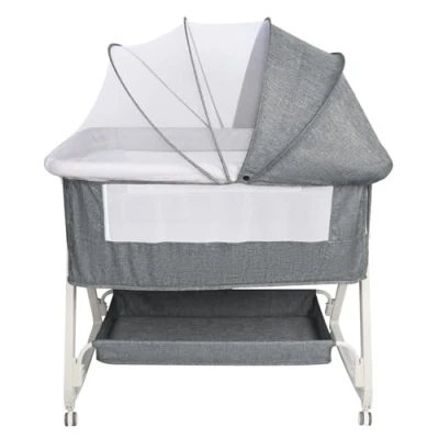 Afbeelding van 3 in 1 Berceau Cododo avec Matelas et Moustiquaire, lit de Voyage, bébé Portable roulettes, pour 6 Niveaux Hauteur réglable,92 * 52 106 118 cm gris lin