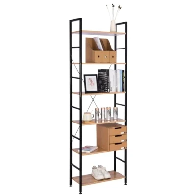 Afbeelding van WOLTU RGB9307hei Metalen Opbergrek 6 Niveaus Ladderplank Keukenplank Opbergrek, 60x28x180CM, Zwart + Licht Eiken
