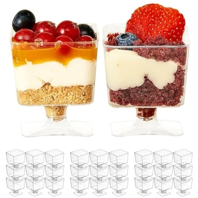 Afbeelding van MATANA 100 Mini Plastic Dessertbekers, Transparante Dessert Kopjes, Kleine Dessertkommen voor Verjaardagen, Bruiloften en Feesten, 60ml Stevig Herbruikbaar
