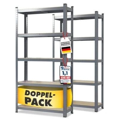 Afbeelding van KARAT Set van 2 in elkaar grijpende planken voor zware lasten, 30 x 75 150 cm, 5 verstelbare planken, grijs