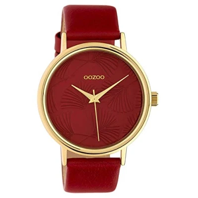 Afbeelding van Oozoo Dameshorloge met 42 mm leren armband, effen, rood, groot, riem, Goud/Bordeaux Goud, Riemen