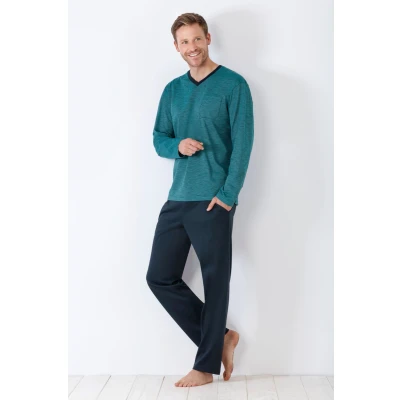 Afbeelding van Blauwe herenpyjama Hajo met V hals Groen Maat 56