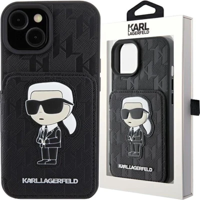 Afbeelding van Karl Lagerfeld Saffiano Kaartslots en Stand Monogram Ikonik Patchhoes voor iPhone 15 zwart