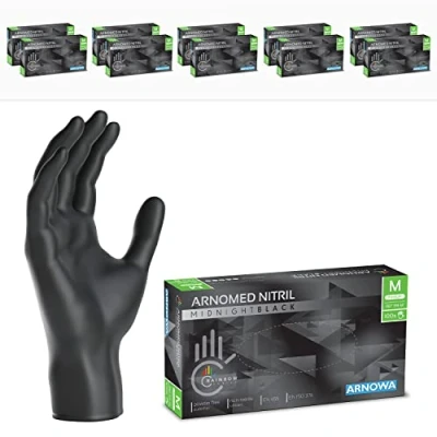 Afbeelding van ARNOMED nitril handschoenen, maat M, zwarte handschoen, 1000 stuks (10 dozen), wegwerphandschoenen, poedervrij en latexvrij, S, L XL