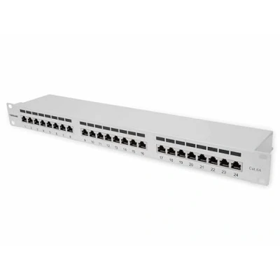 Afbeelding van Intellinet 24 Port Cat6a Patchpanel geschirmt 1HE Kabeleinführung 90 abgewinkelt grau poorten Patchpaneel 483 mm (19) 1 HE Grijs (RAL 7035)