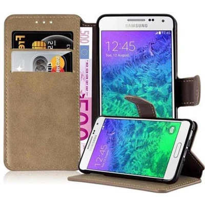 Afbeelding van Cadorabo Hoesje geschikt voor Samsung Galaxy ALPHA in MAT ZAND BRUIN Beschermhoes Case Cover met standfunctie en kaartvak retrodesign