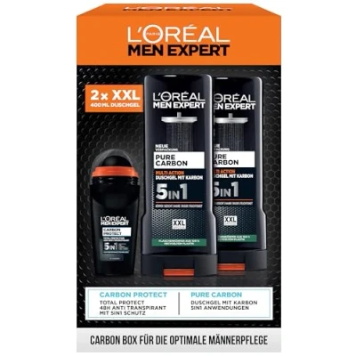 Image de L&#039;Oréal Men Expert Kit de soin pour homme avec gel douche XXL 5 en 1 et déodorant roll on, cadeau comprenant Bodywash on au carbone, Pure Carbon 2 x 400 ml, 50 ml