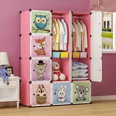 Afbeelding van BRIAN &amp; DANY Cartoon kledingkast, modulaire opberg organizer, robuust en veilig voor kinderen, 8 kubussen 2 delen om op te hangen, roze, 110 x 47 147 cm