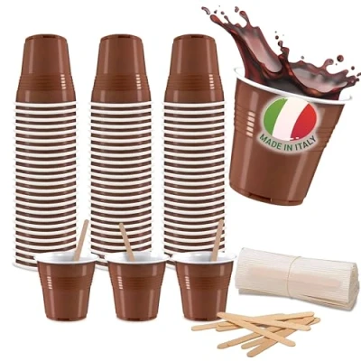 Afbeelding van COFFISANO 150 stuks koffieglazen + pallets, 90 mm wegwerp palletsset van berkenhout en 80 ml glazen, voor espresso restaurants, kantoor, to go, bar (150 150)