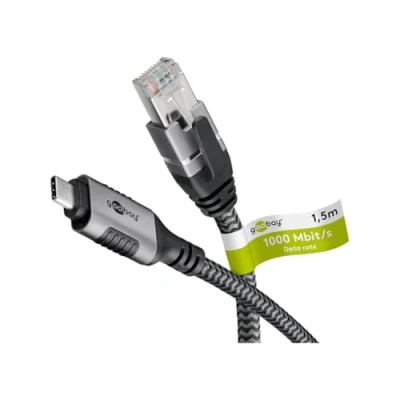 Afbeelding van USB C (m) naar RJ45 Gigabit Ethernet Kabel Nylon Sleeve 2 meter Zwart/Grijs