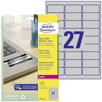 Afbeelding van Avery L6011 20 Ultra sterke Etiketten Ft 63,5 X 29,6 Mm (b H), 540 Etiketten, Zilver Etiket