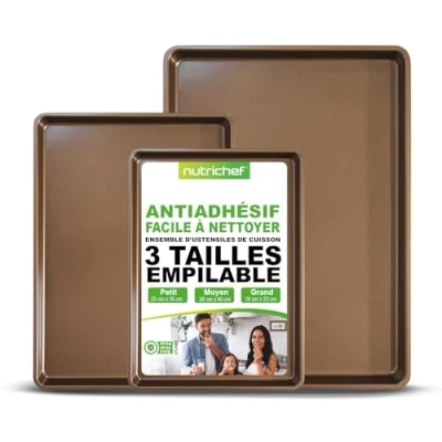 Afbeelding van NutriChef, bakplaat ,Oven, 3 delige Anti aanbak Bakplaten set Dikke van Koolstofstaal Inclusief XL, Middelgrote en Kleine Maten Goud