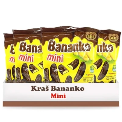 Afbeelding van Kraš Bananko 5 stuks mini bananen van schuim, omhuld met chocolade, 120 g, gun jezelf elke hap zoet geluk!