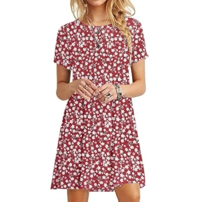 Afbeelding van MOLERANI Casual T shirt jurk met korte mouwen voor dames strand en zomer, Rode bloem