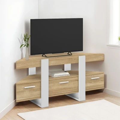 Image de Meuble TV 110 cm d&#039;angle PHOENIX avec tiroir bois et blanc IDMarket