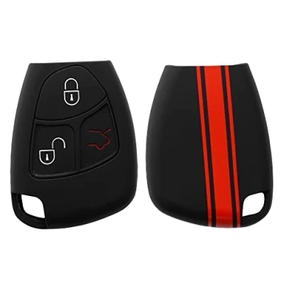 Afbeelding van kwmobile Autosleutel hoesje geschikt voor Mercedes Benz 2 3 knops behuizing in rood / zwart Rallystrepen design
