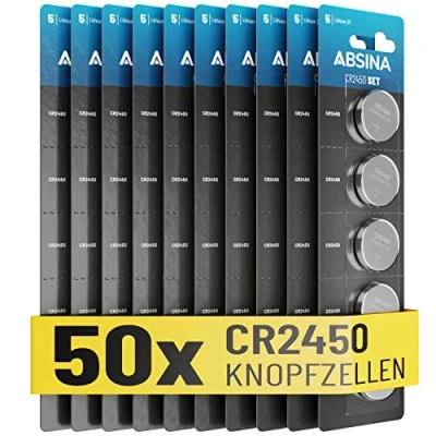 Afbeelding van ABSINA CR2450 knoopcellen, 3 V, lekvrij, lange levensduur, knoopcelbatterijen, CR2450, 2450 batterijen, 50 stuks