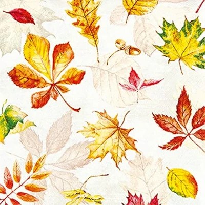 Afbeelding van Set van 20 kleine cocktailservetten herfstbladeren verspreid bladeren herfst tafeldecoratie decoupage servetechniek 25 x cm