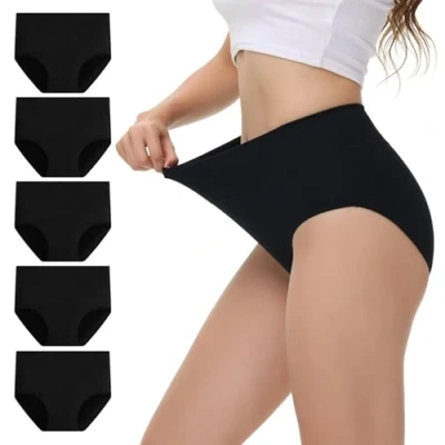 Afbeelding van NUOZA Set van 5 katoenen damesslips, hoge taille, ademend, zwart., XL