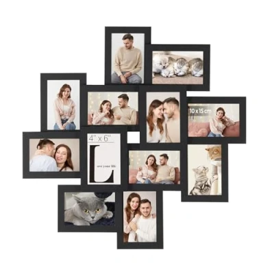 Afbeelding van SONGMICS Fotolijst voor foto&#039;s van 10 x 15 cm, wandfotokader 12 foto&#039;s, transparante glasbescherming, montage, zwart RPF22BK