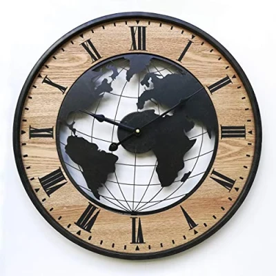 Afbeelding van Rebecca Mobili Wandklok, groot, rond, bruin, zwart, retro design, woonkamer, keuken, diameter 50 cm x d 4,5 cm, art. RE6378