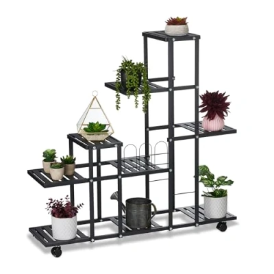 Afbeelding van Relaxdays plantenrek binnen met wielen groot plantentrap 9 plateaus staal