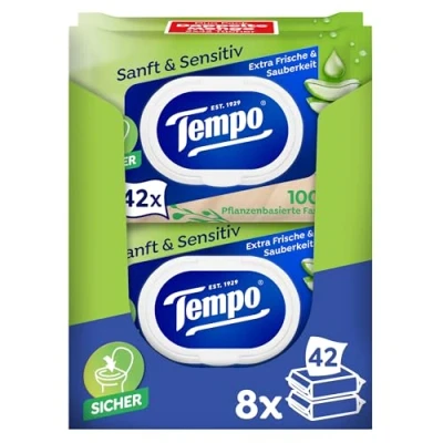 Afbeelding van Tempo Vochtige doekjes &quot;Soft &amp; Sensitive&quot; megapack 16 verpakkingen met 42 doeken 2 stuks aloë vera natuur toiletpapier, dermatologisch getest, pH neutraal
