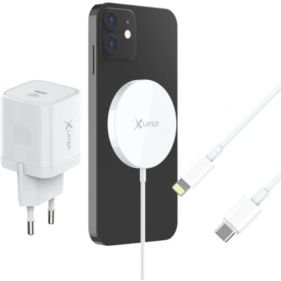 Afbeelding van XLayer Wireless Magnetic Starterkit Snellader kit voor iPhone Magnetische draadloze oplader 15W USB C naar Lightning MFI kabel 20W PD wandlader snelladen wit