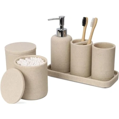 Afbeelding van ZCCZ 6 delige badkameraccessoireset met zeepdispenser, tandenborstelhouder, 2 wattenstaafjesdispensers, beker en toiletbak, moderne set (beige)