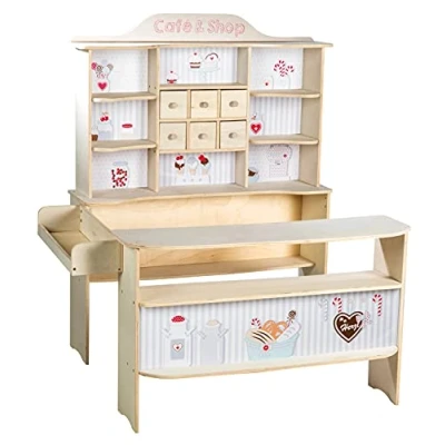 Afbeelding van Roba 480020 Koopwinkel, kinderwinkel &#039;Café en Shop&#039;, hout, verkoopstand 6 laden, zijbalie toonbank met lieve bedrukking, natuur/wit
