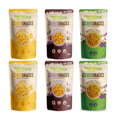 Afbeelding van Kikkererwtensnacks: 6 x 120 g kikkererwten van heerlijk kruidig kikkererwtenmeel 3 soorten snacks veganistische hartige NutriPur