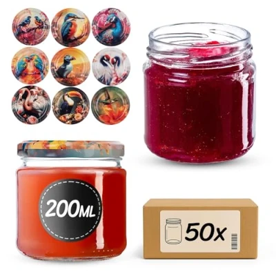 Afbeelding van KADAX Set van 50 kleine jampotten, 200 ml, ronde mini potjes voor honing en specerijen, luchtdichte weckpotten, voorraadpotten glas, glas (kleurrijke vogels)