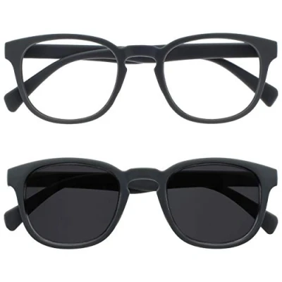 Afbeelding van OPULIZE Pop dubbelpak leesbril zonneleesbrillen retro rond zwart grijs mannen vrouwen veer scharnieren RS2 17, Glad mat