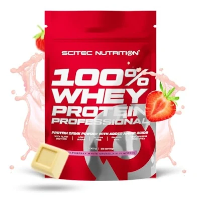 Afbeelding van Scitec Nutrition 100% Whey Protein Professional met sleutelaminozuren en spijsverteringsenzymen, glutenvrij, 1000 g, aardbei witte chocolade