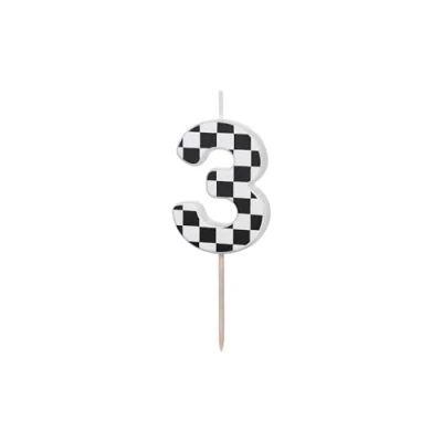 Afbeelding van Verjaardagskaars, nummer 3, 5,5 cm, met ruitpatroon, kinderverjaardag, taartdecoratie, zwart en wit