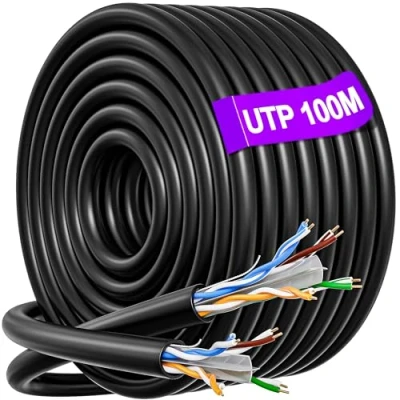 Afbeelding van Ethernet kabel, 100 m, CAT6 RJ45, gigabit spoel, installatiekabel, buiten, waterdicht, hoge snelheid, UTP (gedraaide paar, niet afgeschermd), internetkabel, extra lang, zwart, LAN