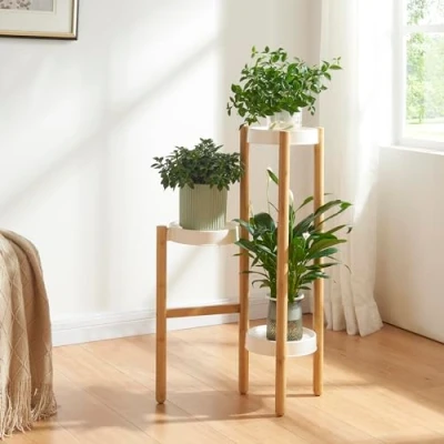 Afbeelding van Plantenstandaard Sastamala 78x52x25 cm wit en bamboe