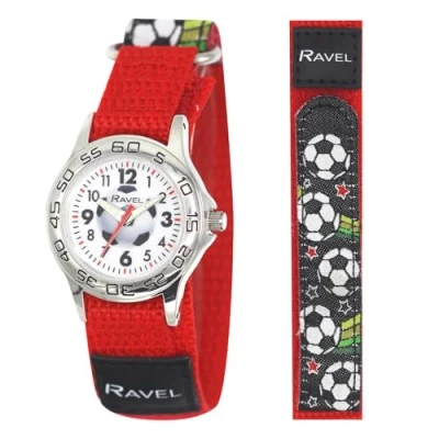 Afbeelding van Ravel Analoog kwartshorloge voor kinderen, met armband eenvoudige bevestiging, Rode voetbal, Japans