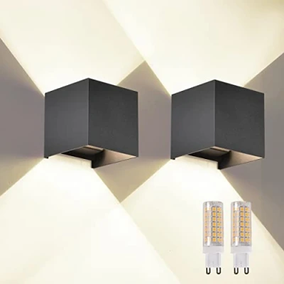 Afbeelding van FUPE 2 stuks wandlamp voor buiten, binnen, G9 lampen, vervangbaar, led, buitenwandlamp, IP65, waterdicht, modern, zwart, 4000 K, vierkante aluminium wandlamp, instelling van de verlichtingshoek