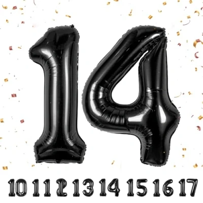 Afbeelding van Verjaardagsballonnen 14 jaar zwart 101 cm verjaardagsdecoraties van een man vrouw opblaasbare cijferballon aluminium beige