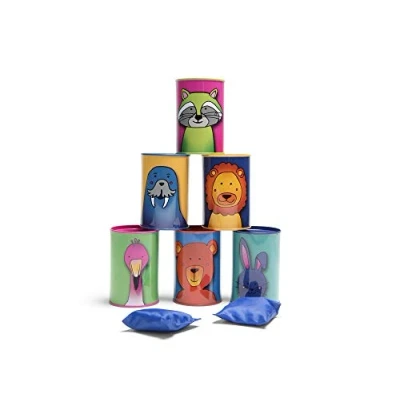 Afbeelding van BS Toys Blikgooien Werpspel Dieren en Cijfers Pittenzak Gooien Kinderspeelgoed vanaf 3 Jaar Buitenspeelgoed 6 Gekleurde Blikken Cadeau kind