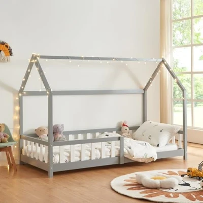 Afbeelding van Kinderbed Hesel huisbed met uitvalbeveiliging 90x200 cm grijs [en.casa]