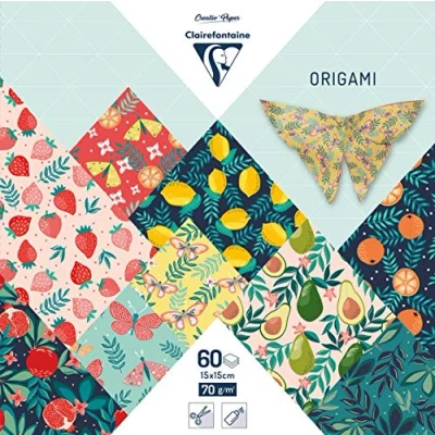 Afbeelding van Clairefontaine 95357C 60 vellen origami papier, 70 g/m², 15 x cm, 30 kleurrijke motieven (2 per motief), creatieve vrije tijd voor volwassenen en kinderen, collectie tuinvruchten