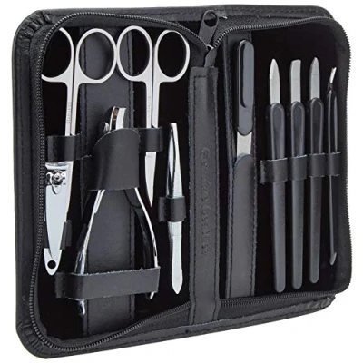 Afbeelding van Clauss manicureset 10 delig in zwart lederen etui met ritssluiting AC 86186 M SW