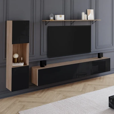 Image de Ensemble meuble TV 180 cm avec colonne et étagère ELIO bois noir IDMarket