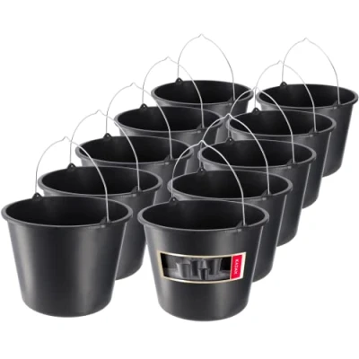 Afbeelding van KADAX bouwemmer, 10 stuks, 12 liter, kunststof, tuinemmer, zwart, robuust, cementemmer, mortelemmer, reinigingsemmer, metselaar