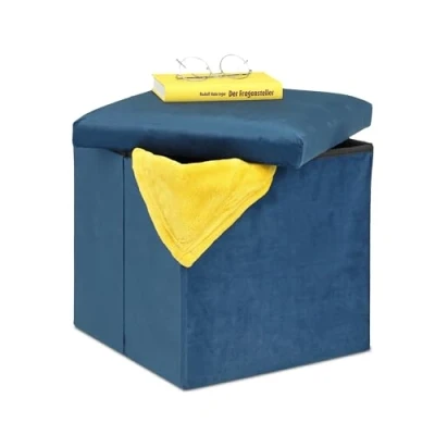 Afbeelding van Relaxdays poef met opbergruimte opvouwbare hocker fluweel opbergpoef stof voetenbank blauw