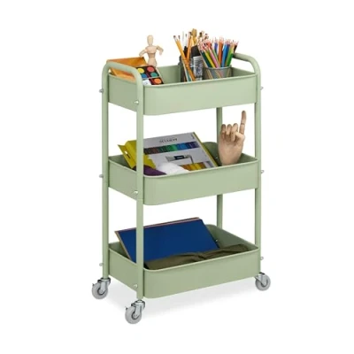 Afbeelding van Relaxdays keuken trolley wieltjes 3 laags met vilt badkamer serveerwagen groen